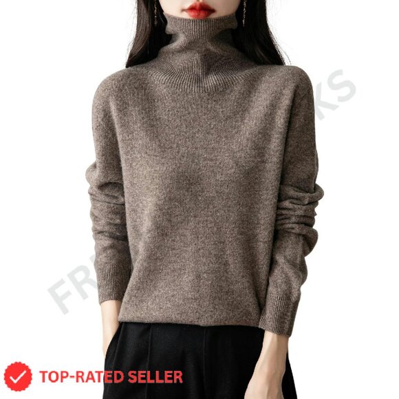 Merino Wool Turtleneck Sweater Seamless Knit Pullover Fall Winter Chic